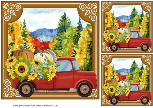 3 Autumn/Fall red truck card front/toppers