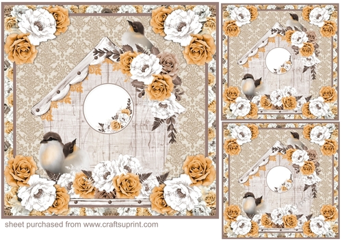 3 Chocolate and caramel floral bird house card front/toppers