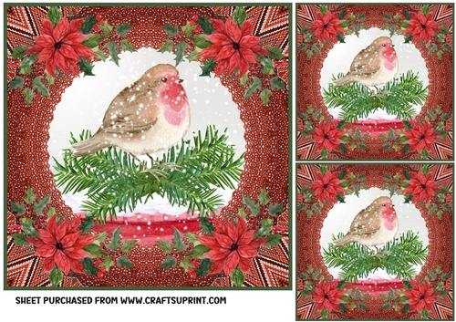 3 Red Christmas robin card front/toppers 2