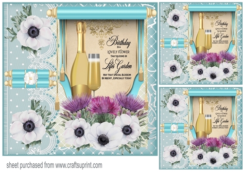 3 Turquoise floral champagne Birthday card front/toppers 3