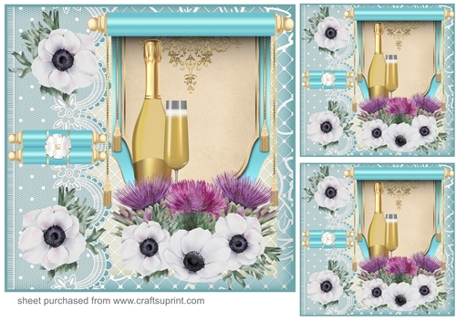 3 Turquoise floral champagne Birthday card front/toppers 4
