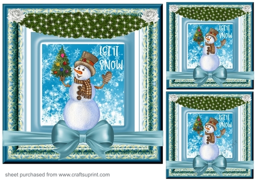 3 Blue and gold Christmas snowman card front/toppers 2