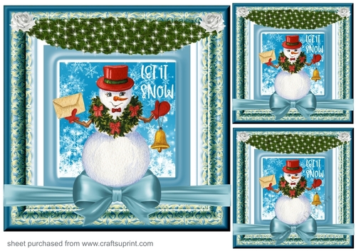 3 Blue and gold Christmas snowman card front/toppers 3