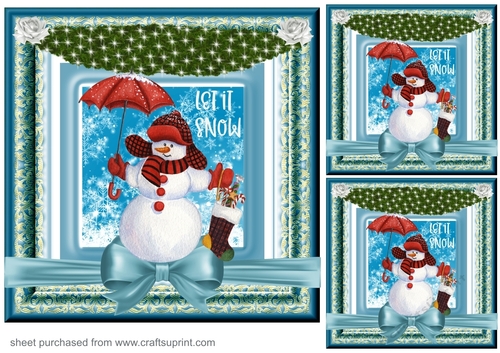 3 Blue and gold Christmas snowman card front/toppers 4