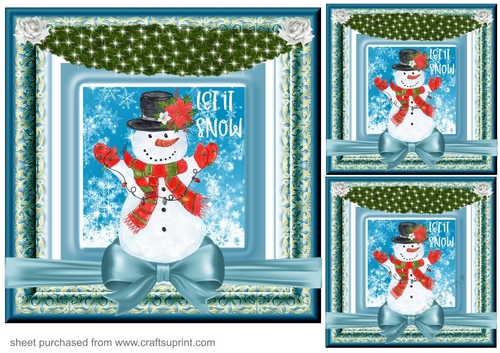 3 Blue and gold Christmas snowman card front/toppers 5