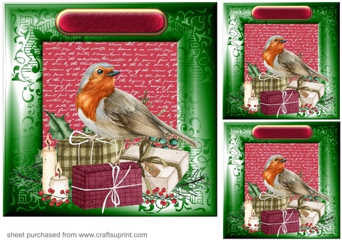 3 Green and red Christmas presents with robin card front/toppers
