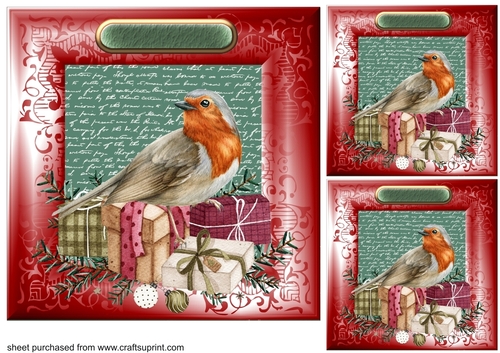 3 Red and green Christmas presents with robin card front/toppers