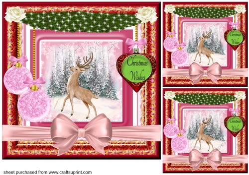 3 Pink Christmas deer card front/toppers 1