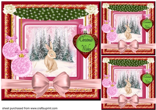 3 Pink Christmas rabbit card front/toppers 