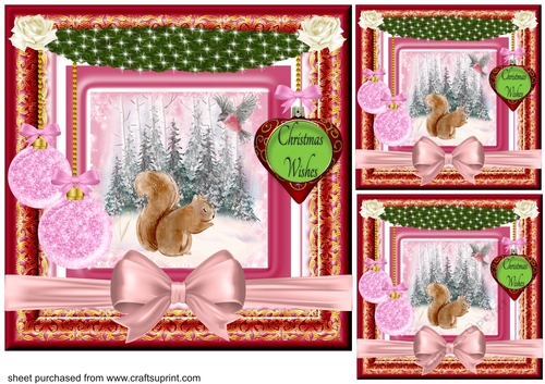 3 Pink Christmas squirrel card front/toppers 
