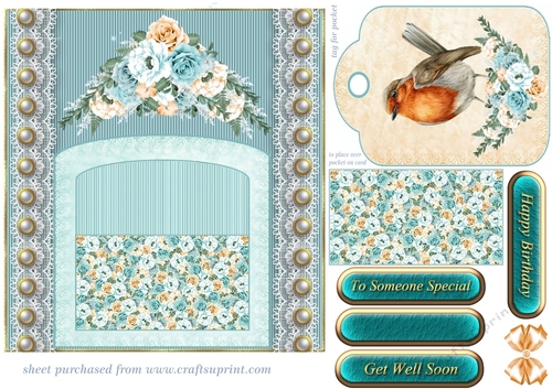 Blue and orange floral bird tag pocket card front 1