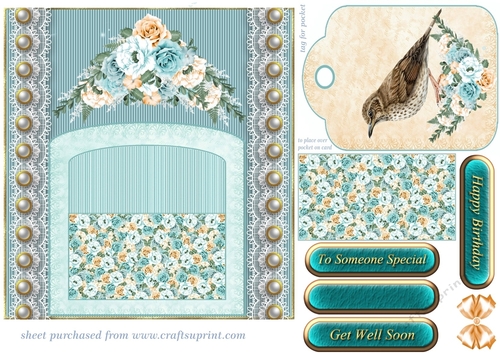 Blue and orange floral bird tag pocket card front 3