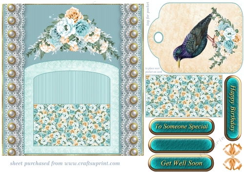 Blue and orange floral bird tag pocket card front 4