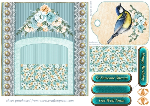 Blue and orange floral bird tag pocket card front 7