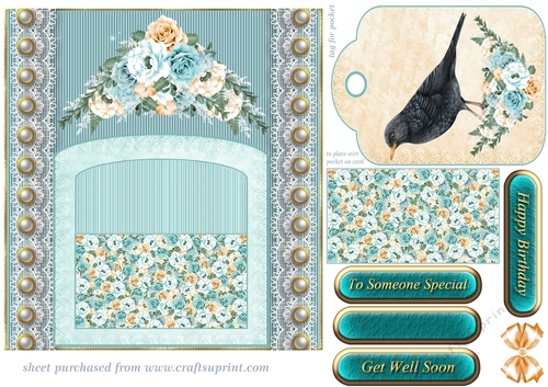Blue and orange floral bird tag pocket card front 8