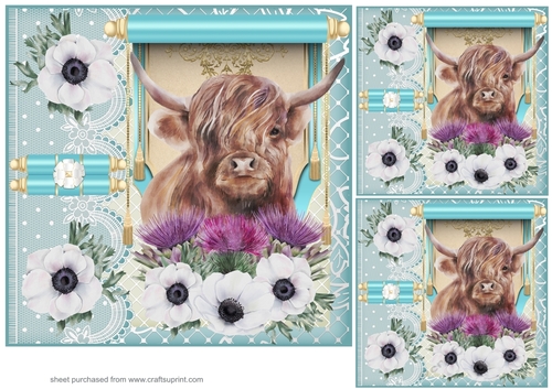 3 Turquoise floral Highland cow card front/toppers