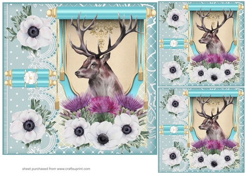 3 Turquoise floral Highland stag card front/toppers