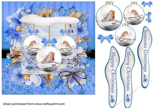 Blue winter robin bauble Christmas card front