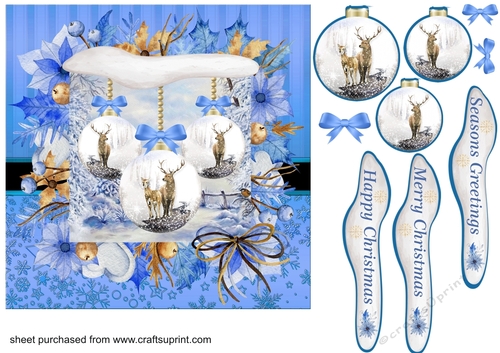 Blue winter stag bauble Christmas card front