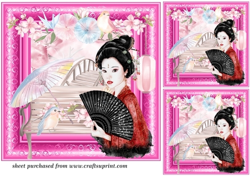 3 Floral Japanese lady card front/toppers 1