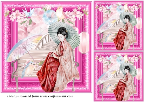 3 Floral Japanese lady card front/toppers 2