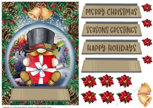 Christmas gnome snow globe card front 1