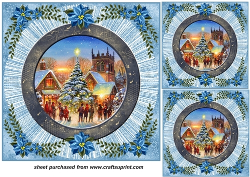 3 Blue poinsettia Christmas scene card front/toppers 2