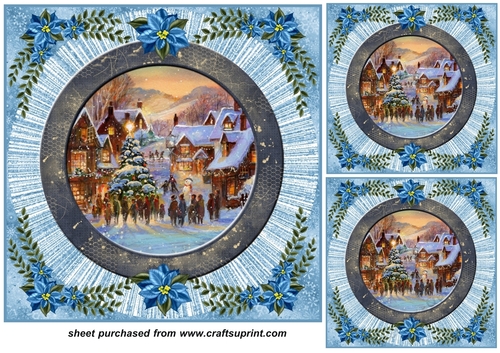 3 Blue poinsettia Christmas scene card front/toppers 3