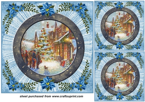 3 Blue poinsettia Christmas scene card front/toppers 4