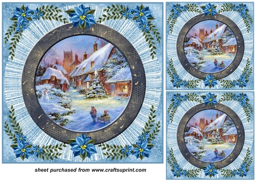 3 Blue poinsettia Christmas scene card front/toppers 5