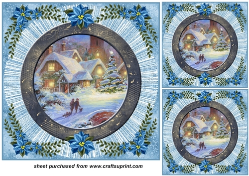 3 Blue poinsettia Christmas scene card front/toppers 6