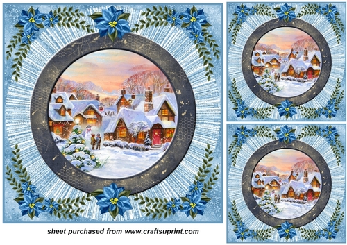 3 Blue poinsettia Christmas scene card front/toppers 7