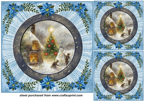 3 Blue poinsettia Christmas scene card front/toppers 8