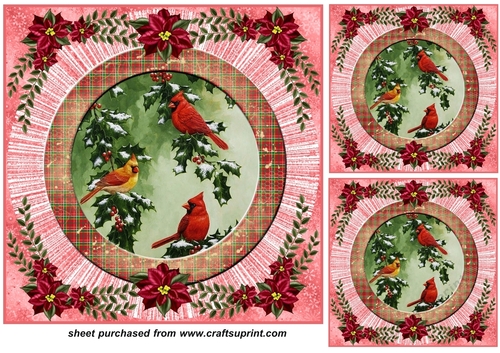 3 Red Christmas birds card front/toppers 5