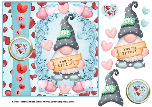 Blue Valentines day gnome card front