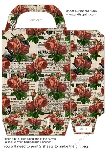 Vintage newspaper and roses gift bag 1