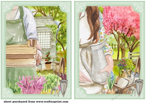 2 Green girl in garden card fronts/toppers