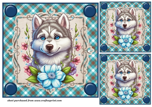 3 Blue floral pup card fronts/toppers 3