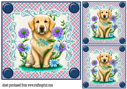 3 Pink and blue floral pup card fronts/toppers 1
