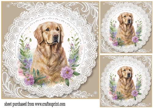 3 Beige floral dog card front/toppers 1