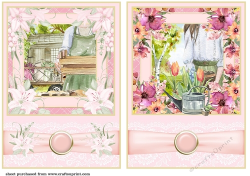 2 Pink gardening themed card fronts/toppers