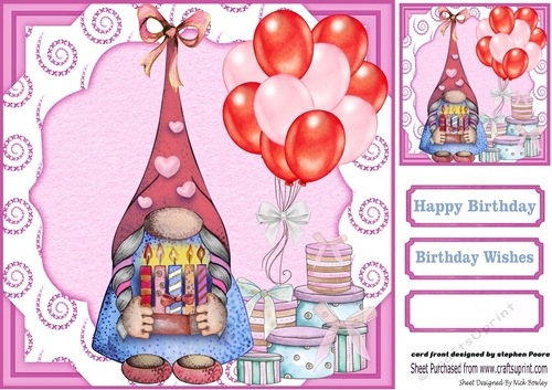 Pink gnome Birthday card front 1