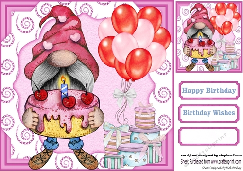 Pink gnome Birthday card front 2