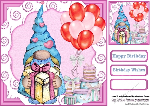 Pink gnome Birthday card front 3