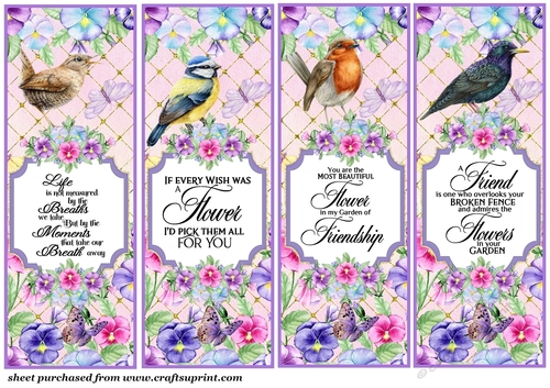 4 Pansies with bird toppers/bookmarks 1