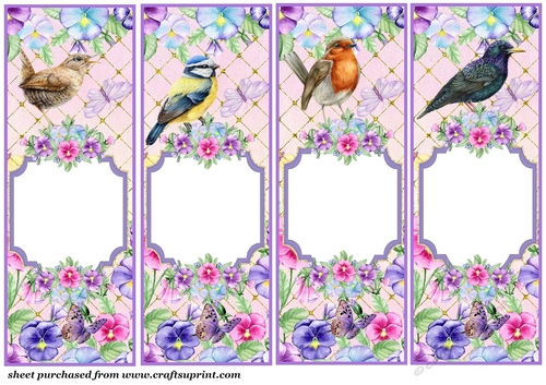 4 Pansies with bird toppers/bookmarks (blank)