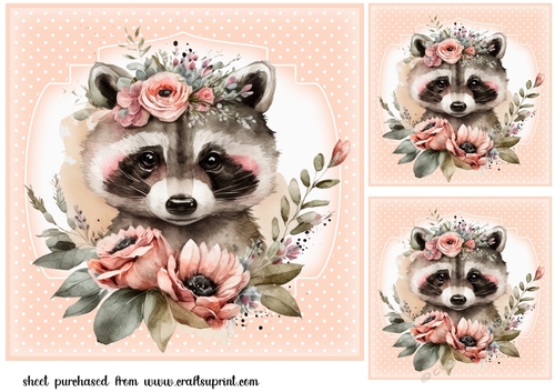 3 Floral raccoon card front/toppers(n)