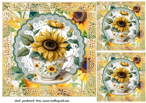 3 Sunflower tea cup card fronts/toppers 2