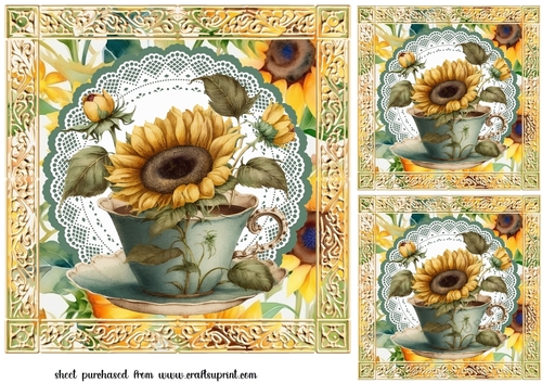 3 Sunflower tea cup card fronts/toppers 3