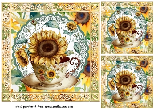 3 Sunflower tea cup card fronts/toppers 4